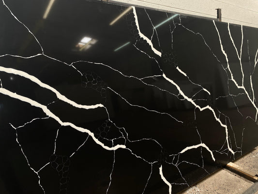 2cm, black, Full Slab, Glossy, Quartz, quartz-slabs, Rare Find, Single, thickness-2cm, Veins, White Veins