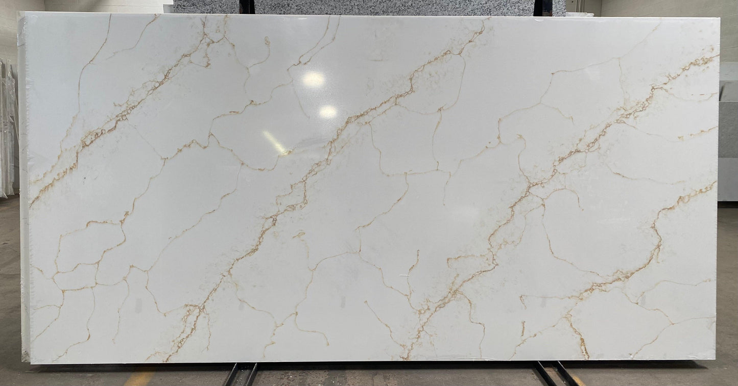 2cm, Brown Veins, Full Slab, Glossy, gold, gold veins, Light Veins, Outlet Material, Quartz, quartz-slabs, Rare Find, Veins, White Quartz Quartz Full Slab