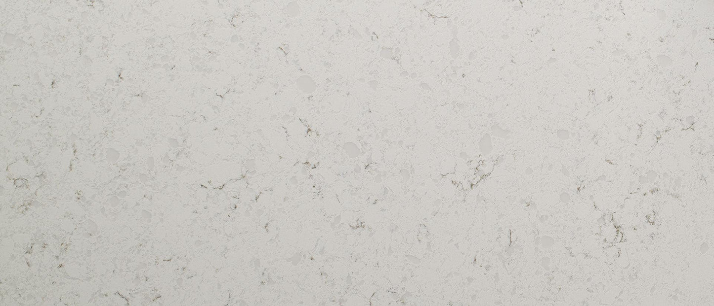 White quartz full slab countertops with gray and brown design.