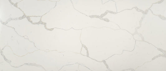 Off White Quartz with light gray veins bookmatched full slabs perfect for kitchen remodel.