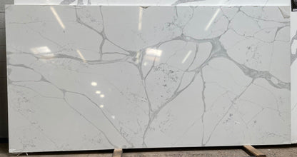 Pristine white background with striking grey veining. Marble look. 2CM, full slab.