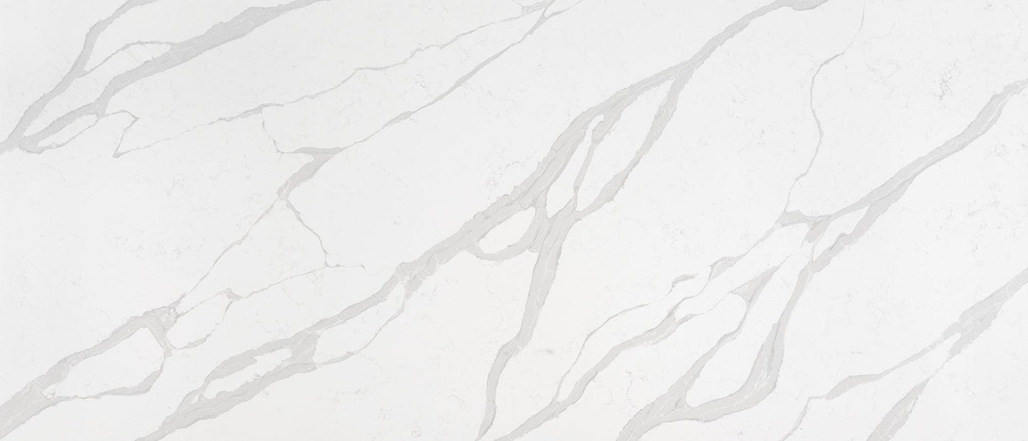 White quartz with gray veining flowing through. 2CM full quartz countertop on sale.