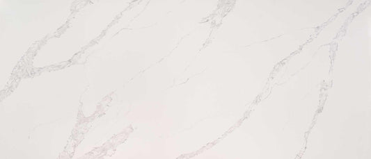 A pristine white background with elegant, sweeping grey veining. 2CM quartz full slab showroom